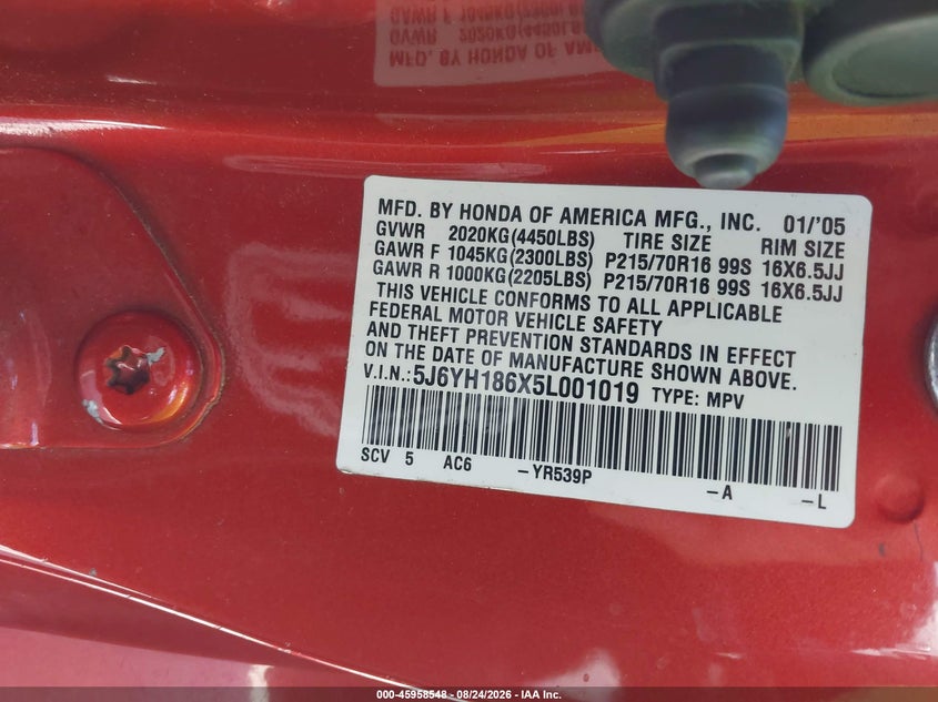 HONDA ELEMENT 2005 VIN 5J6YH186X5L001019