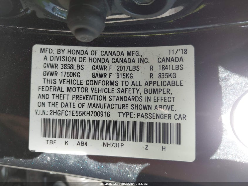 HONDA CIVIC SI 2019 VIN 2HGFC1E55KH700916
