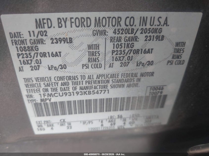 2003 FORD ESCAPE SPORT UTILITY VEHICLE 3.0L V-6 DOHC, REGULAR , 201HP
