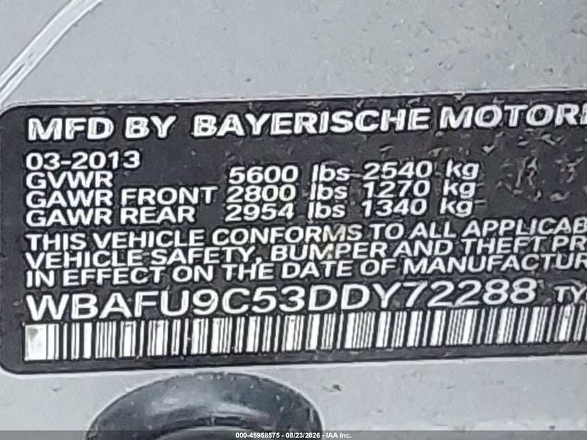 BMW 550I 2013 VIN WBAFU9C53DDY72288