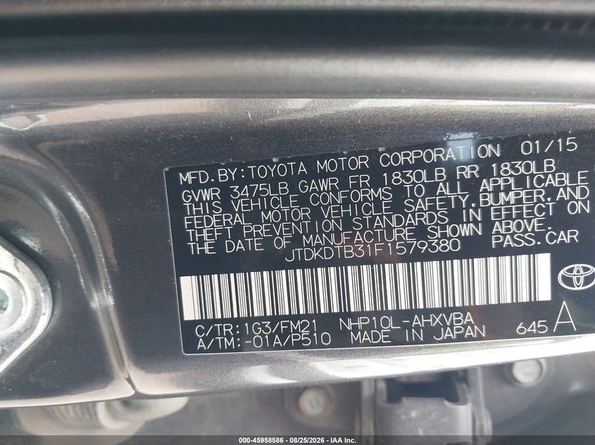 TOYOTA PRIUS C 2015 VIN JTDKDTB31F1579380