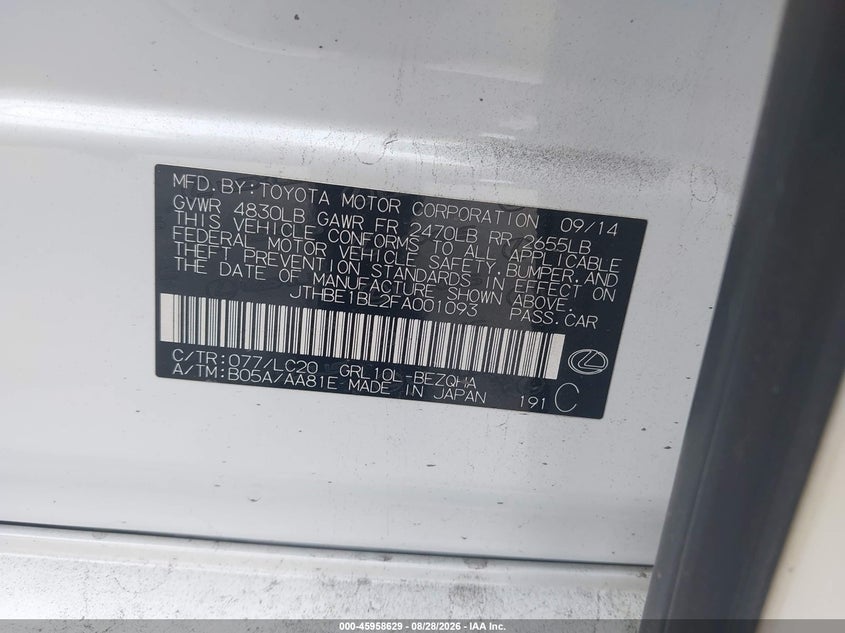 LEXUS GS 350 2015 VIN JTHBE1BL2FA001093