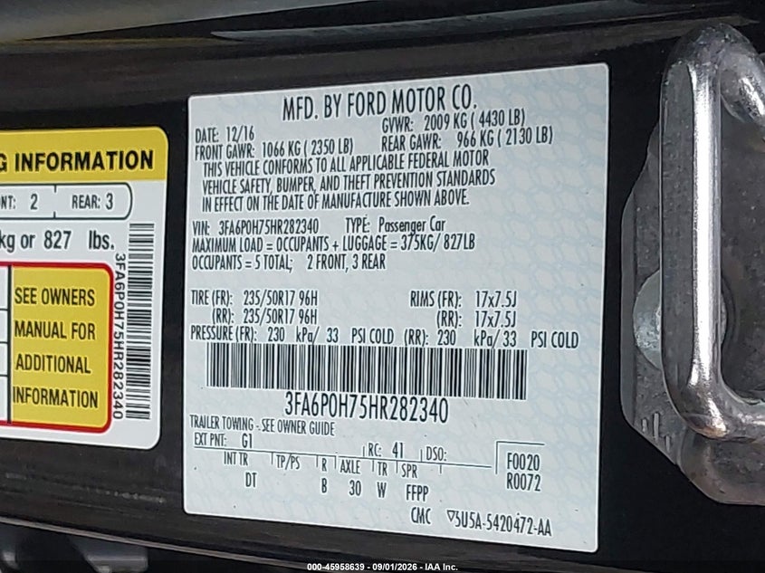 FORD FUSION 2017 VIN 3FA6P0H75HR282340