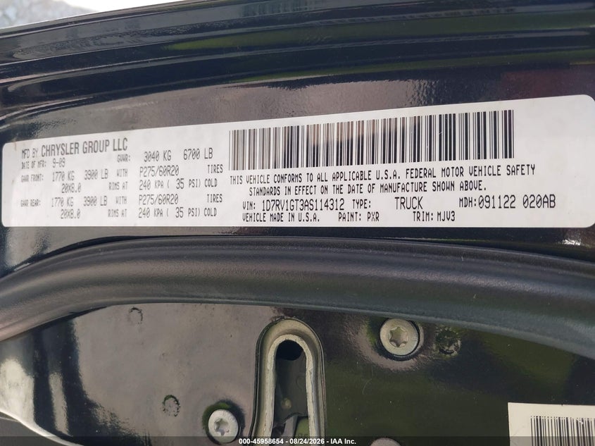 DODGE RAM 1500 2010 VIN 1D7RV1GT3AS114312