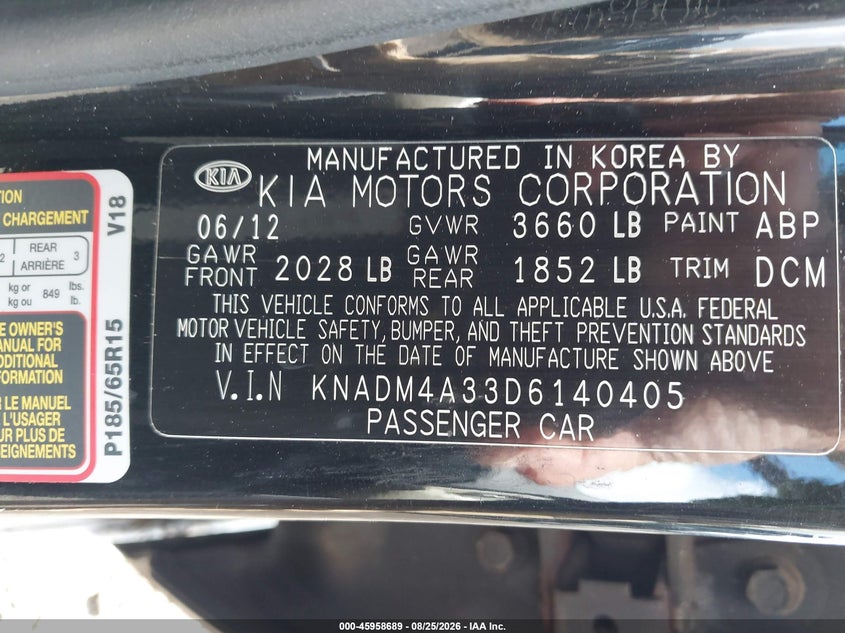 KIA RIO 2013 VIN KNADM4A33D6140405