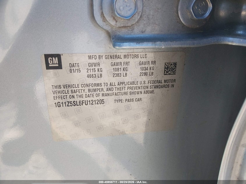 CHEVROLET IMPALA 2015 VIN 1G11Z5SL6FU121205