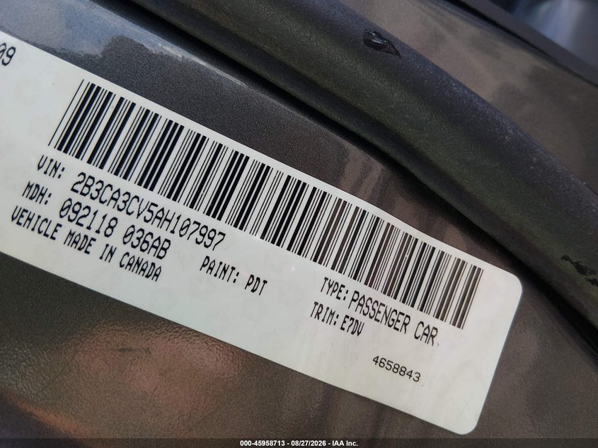 DODGE CHARGER 2010 VIN 2B3CA3CV5AH107997
