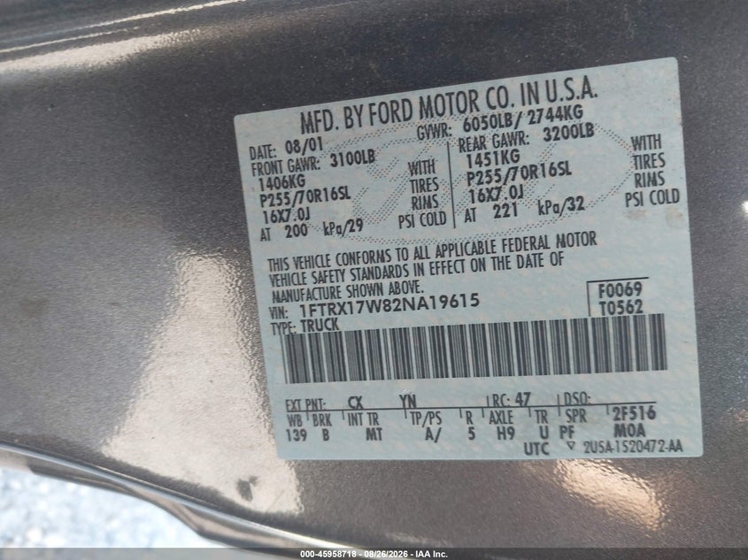 2002 FORD F-150 PICKUP 4.6L V-8 REGULAR , 231HP