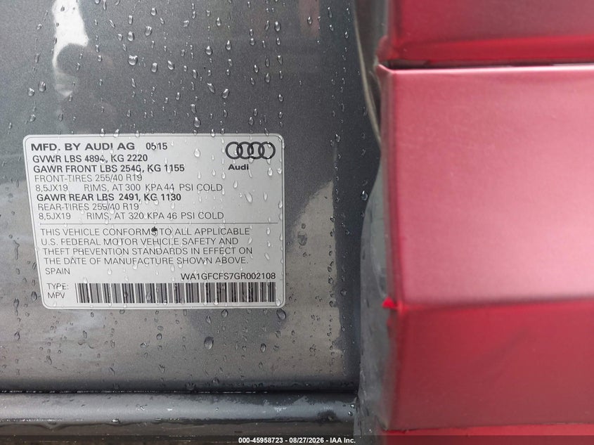 AUDI Q3 2016 VIN WA1GFCFS7GR002108