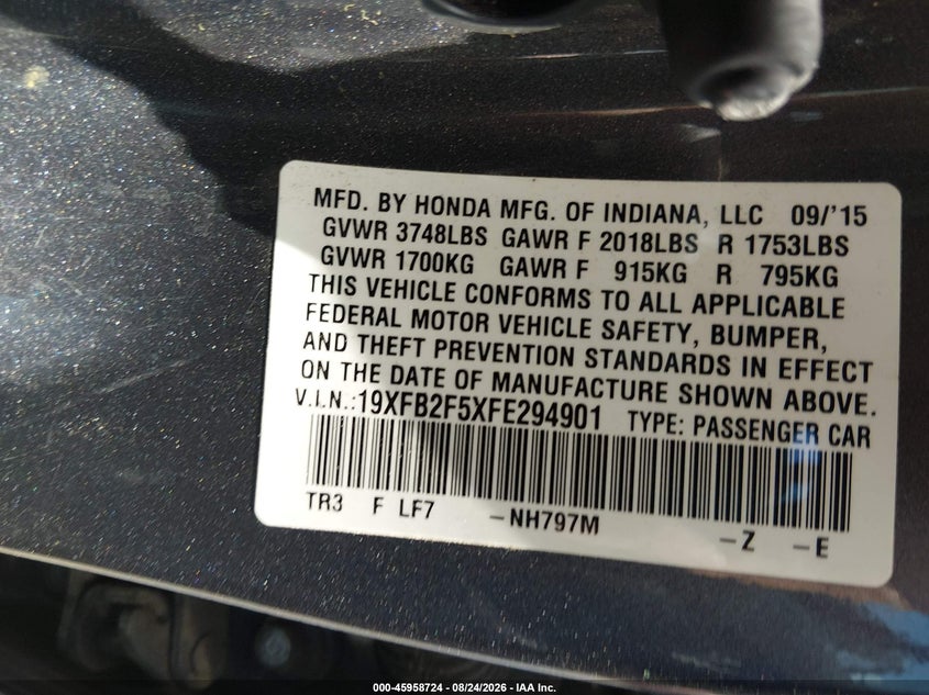2015 HONDA CIVIC SEDAN 1.8L I-4 VVT, REGULAR , 143HP