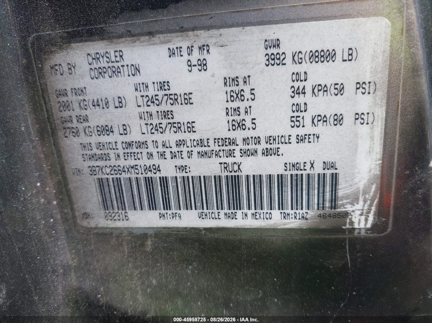 DODGE RAM 2500 1999 VIN 3B7KC2664XM510494