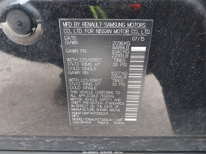 2015 NISSAN ROGUE SPORT UTILITY VEHICLE 2.5L I-4 DOHC, VVT, REGULAR , 170HP