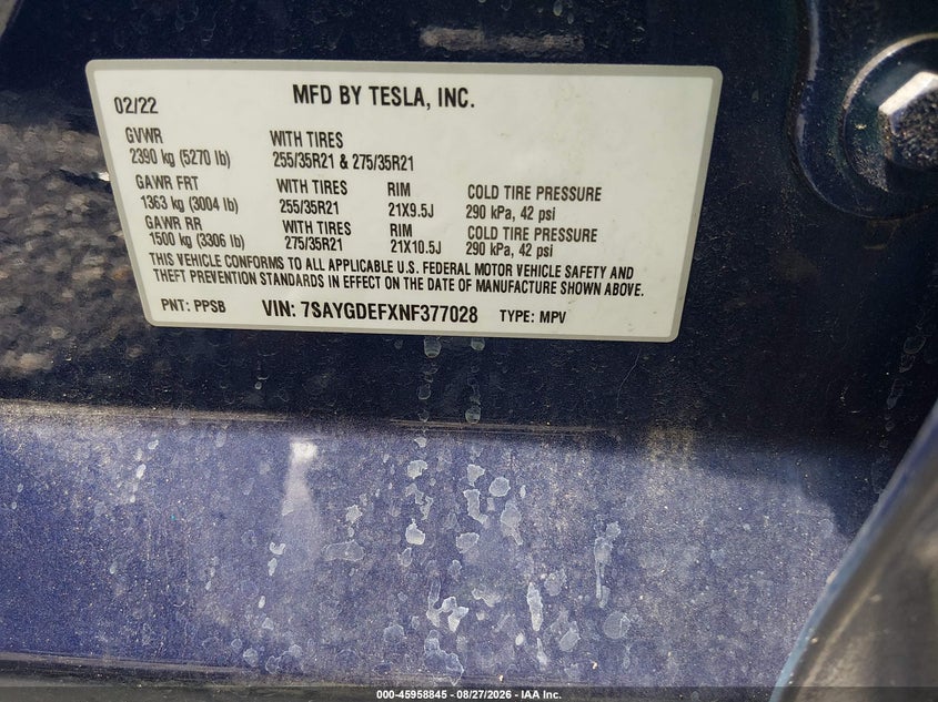 TESLA MODEL Y 2022 VIN 7SAYGDEFXNF377028