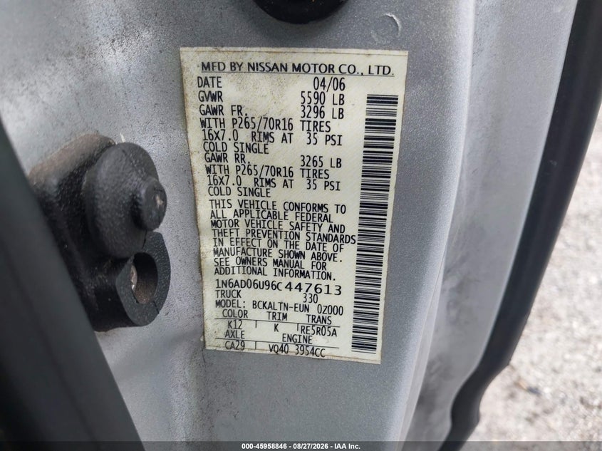2006 NISSAN NAVARA (FRONTIER) PICKUP 4.0L V-6 DOHC, VVT, REGULAR , 265HP