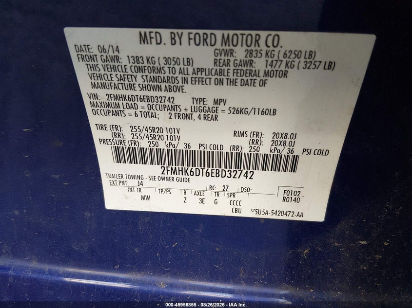 FORD FLEX 2014 VIN 2FMHK6DT6EBD32742