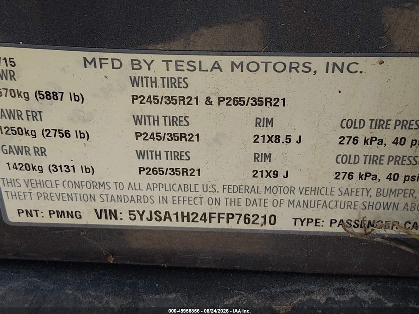 TESLA MODEL S 2015 VIN 5YJSA1H24FFP76210