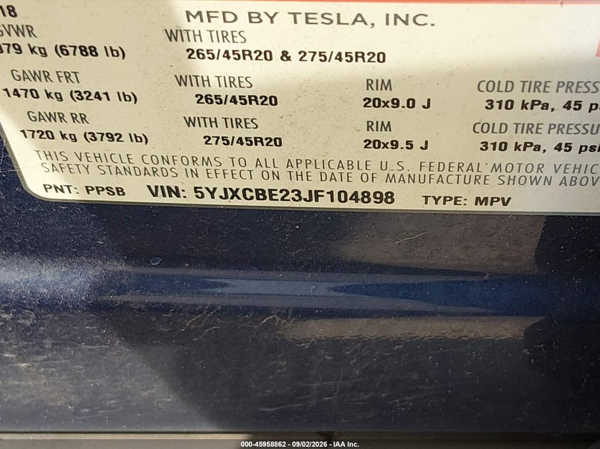 TESLA MODEL X 2018 VIN 5YJXCBE23JF104898