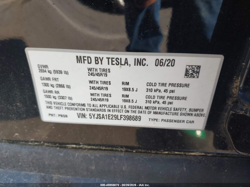 TESLA MODEL S 2020 VIN 5YJSA1E29LF398689