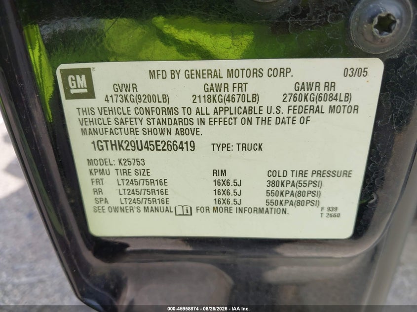 GMC SIERRA 2500HD 2005 VIN 1GTHK29U45E266419