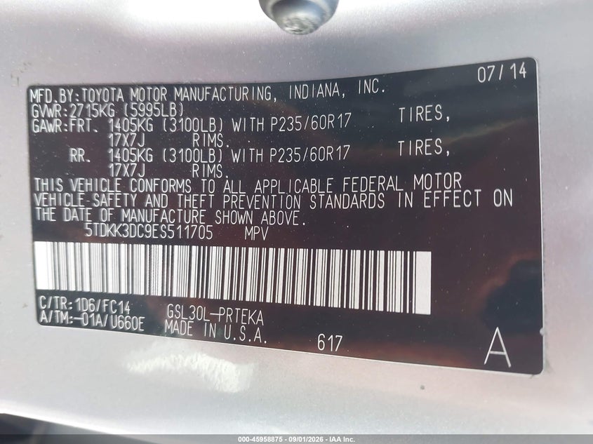 2014 TOYOTA SIENNA VAN 3.5L V-6 DOHC, VVT, REGULAR , 266HP