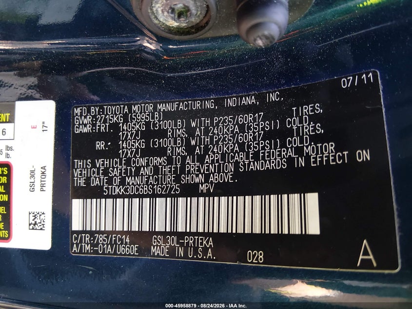 2011 TOYOTA SIENNA VAN 3.5L V-6 DOHC, VVT, REGULAR , 265HP