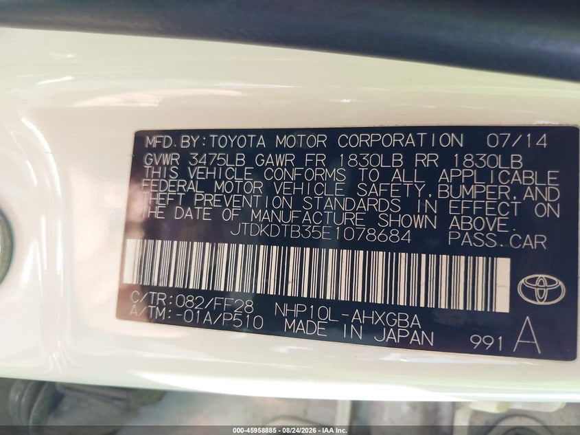 TOYOTA PRIUS C 2014 VIN JTDKDTB35E1078684