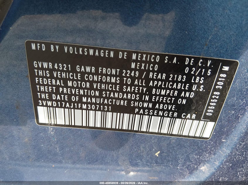 VOLKSWAGEN JETTA 2015 VIN 3VWD17AJ1FM307131