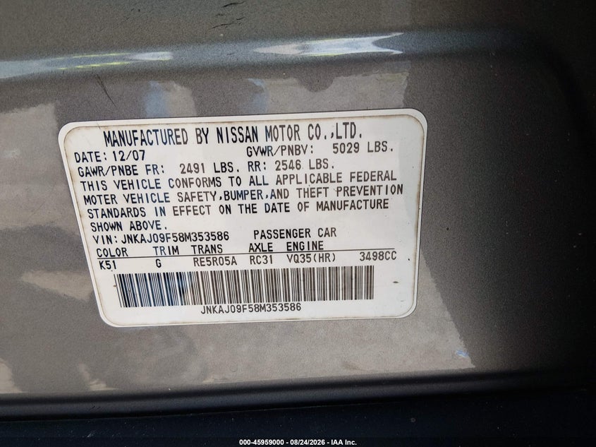 INFINITI EX35 2008 VIN JNKAJ09F58M353586
