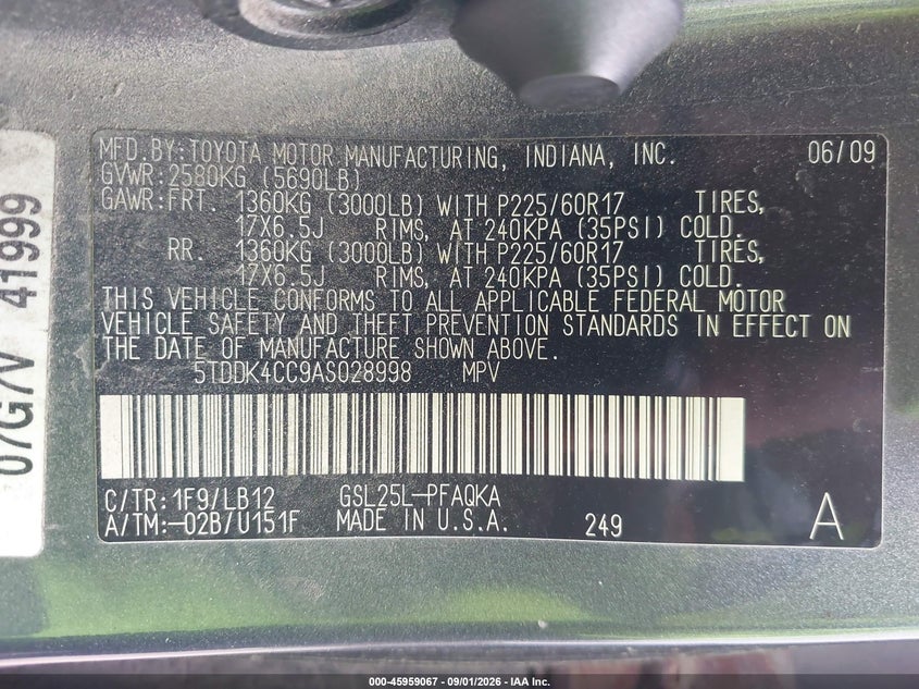 TOYOTA SIENNA 2010 VIN 5TDDK4CC9AS028998