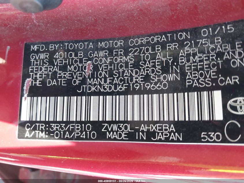 2015 TOYOTA PRIUS HATCHBACK 1.8L I-4 DOHC, VVT, 98HP