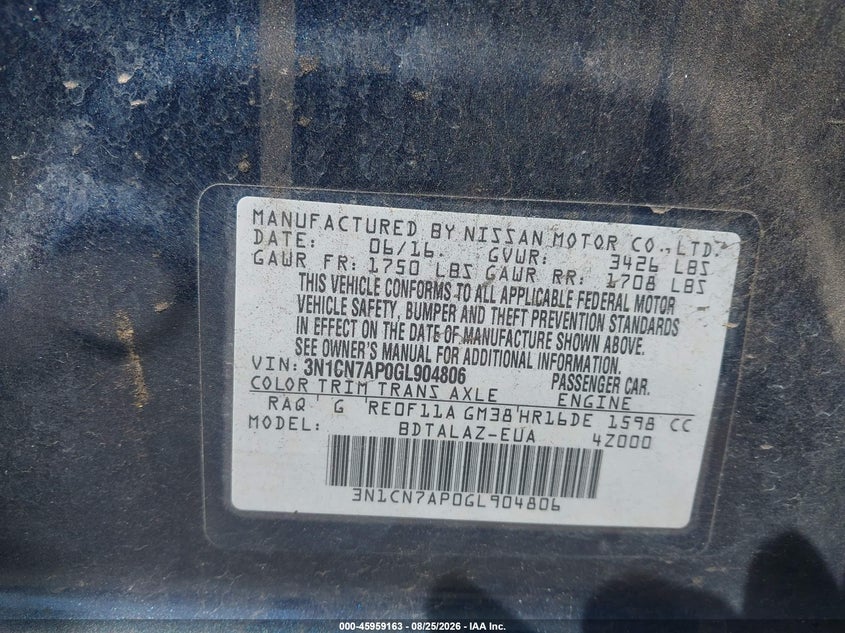 NISSAN VERSA 2016 VIN 3N1CN7AP0GL904806