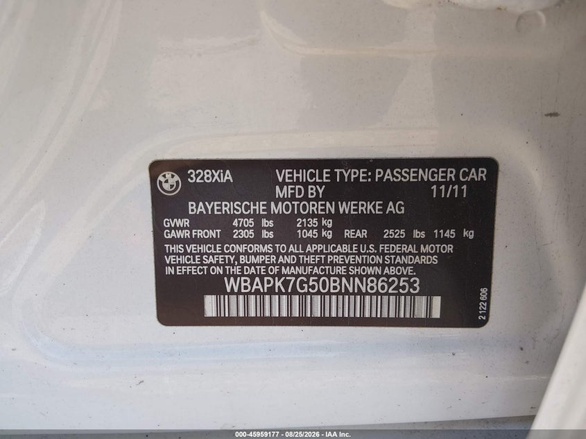 2011 BMW 3ER SEDAN 3.0L I-6 DOHC, VVT, 230HP