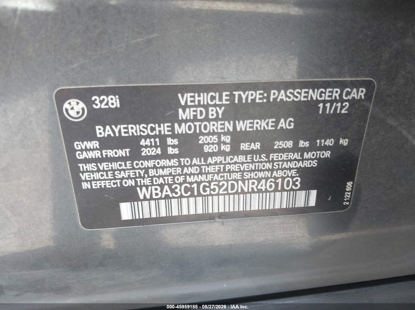 BMW 328I 2013 VIN WBA3C1G52DNR46103