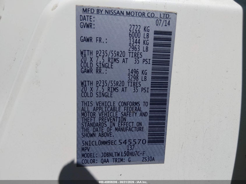 INFINITI QX60 HYBRID 2014 VIN 5N1CL0MM9EC545570