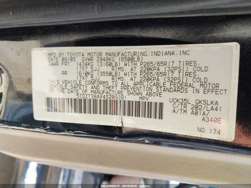 TOYOTA SEQUOIA 2004 VIN 5TDZT38AX4S209391