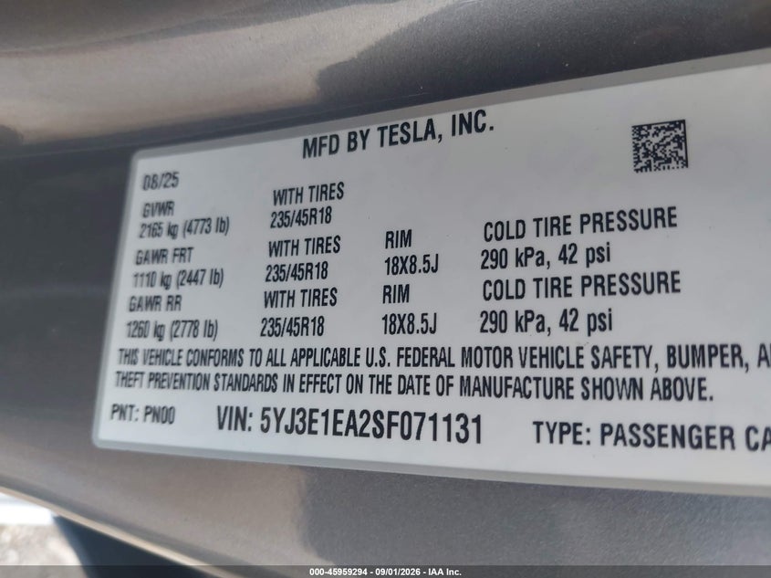 TESLA MODEL 3 2025 VIN 5YJ3E1EA2SF071131