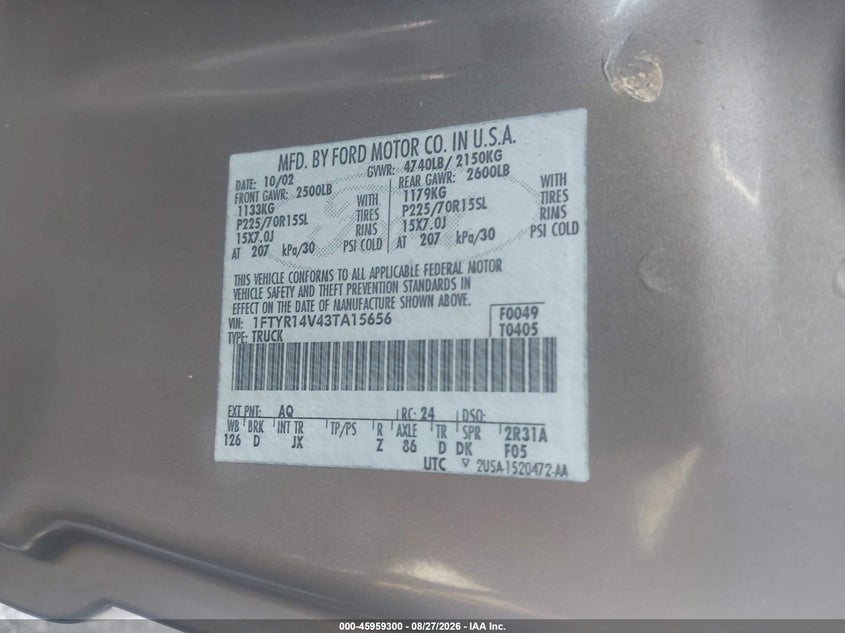 FORD RANGER 2003 VIN 1FTYR14V43TA15656
