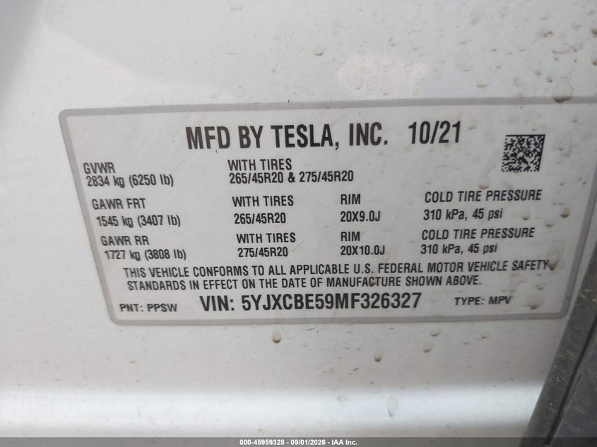 TESLA MODEL X 2021 VIN 5YJXCBE59MF326327