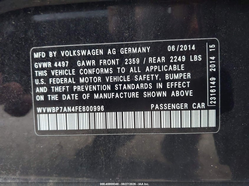 VOLKSWAGEN CC 2015 VIN WVWBP7AN4FE800996