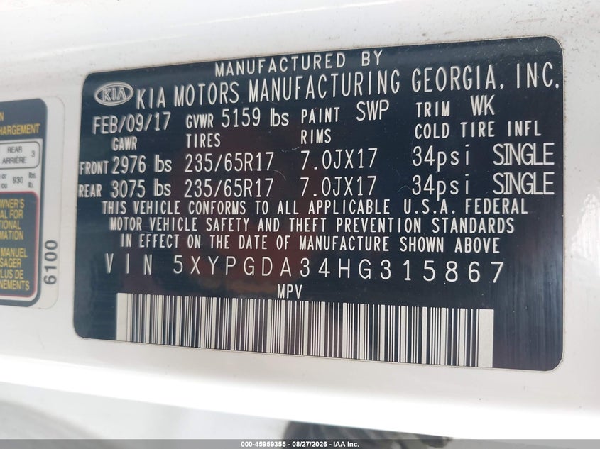 2017 KIA SORENTO SPORT UTILITY VEHICLE 2.4L I-4 DI, DOHC, VVT, 185HP