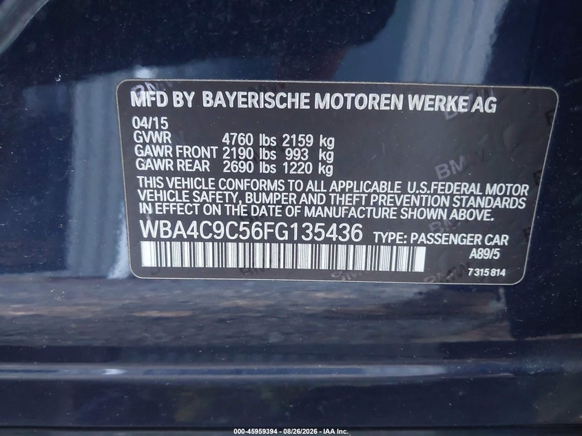 BMW 428 GRAN COUPE 2015 VIN WBA4C9C56FG135436