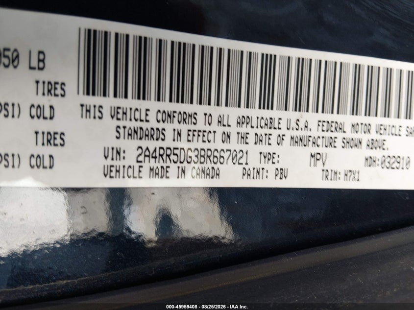 CHRYSLER TOWN & COUNTRY 2011 VIN 2A4RR5DG3BR667021
