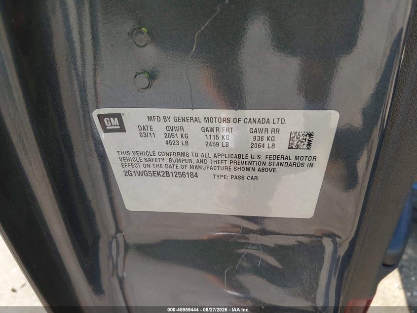 CHEVROLET IMPALA 2011 VIN 2G1WG5EK2B1256184