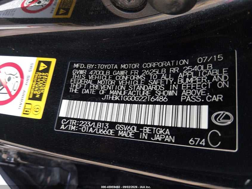 LEXUS ES 350 2016 VIN JTHBK1GG0G2216486