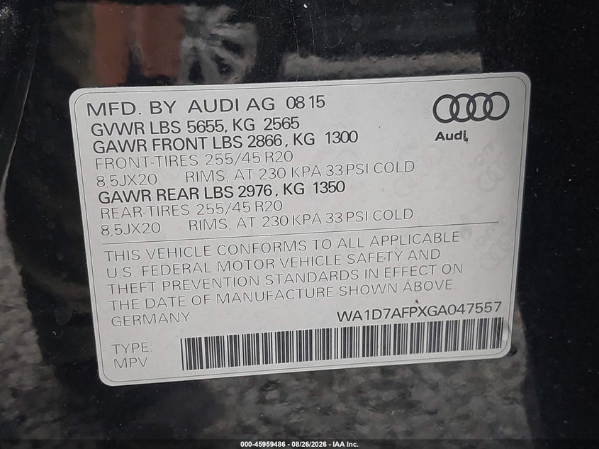 AUDI Q5 2016 VIN WA1D7AFPXGA047557