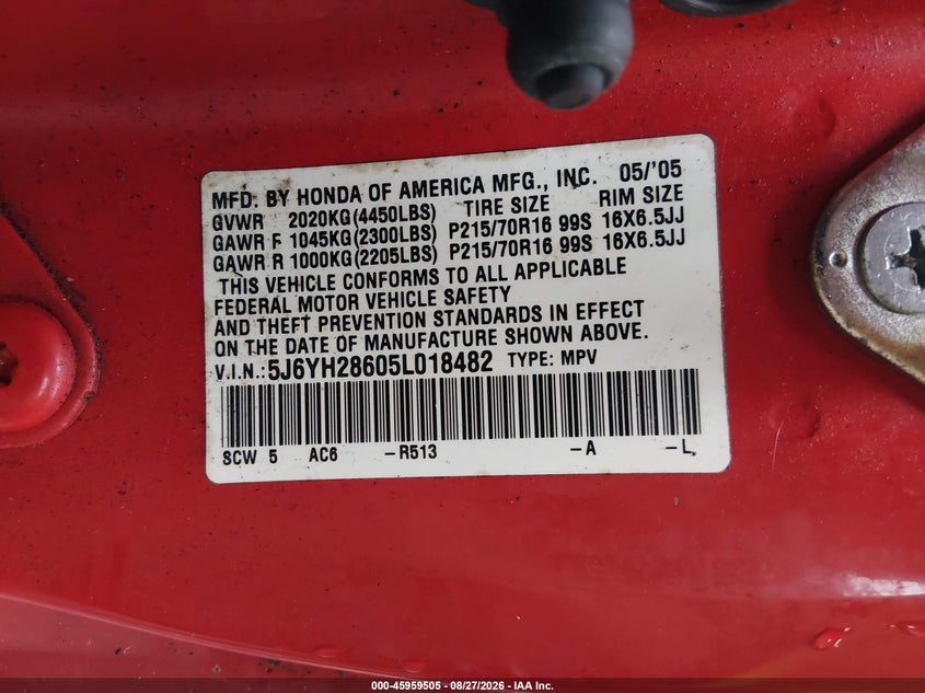 HONDA ELEMENT 2005 VIN 5J6YH28605L018482