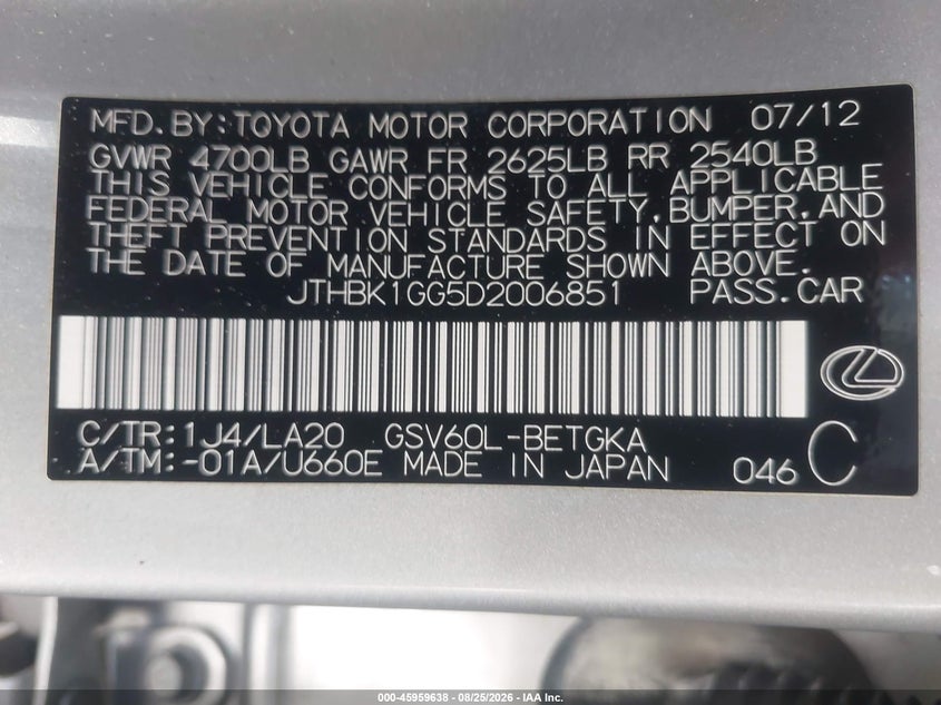 2013 LEXUS ES SEDAN 3.5L V-6 DOHC, VVT, 268HP