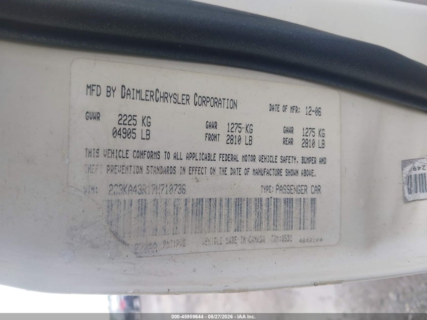 CHRYSLER 300 2007 VIN 2C3KA43R17H710736