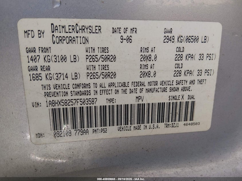 CHRYSLER ASPEN 2007 VIN 1A8HX58257F503587