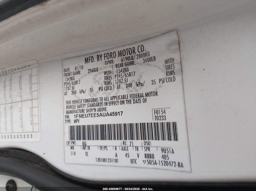 FORD EXPLORER 2010 VIN 1FMEU7EE5AUA45917